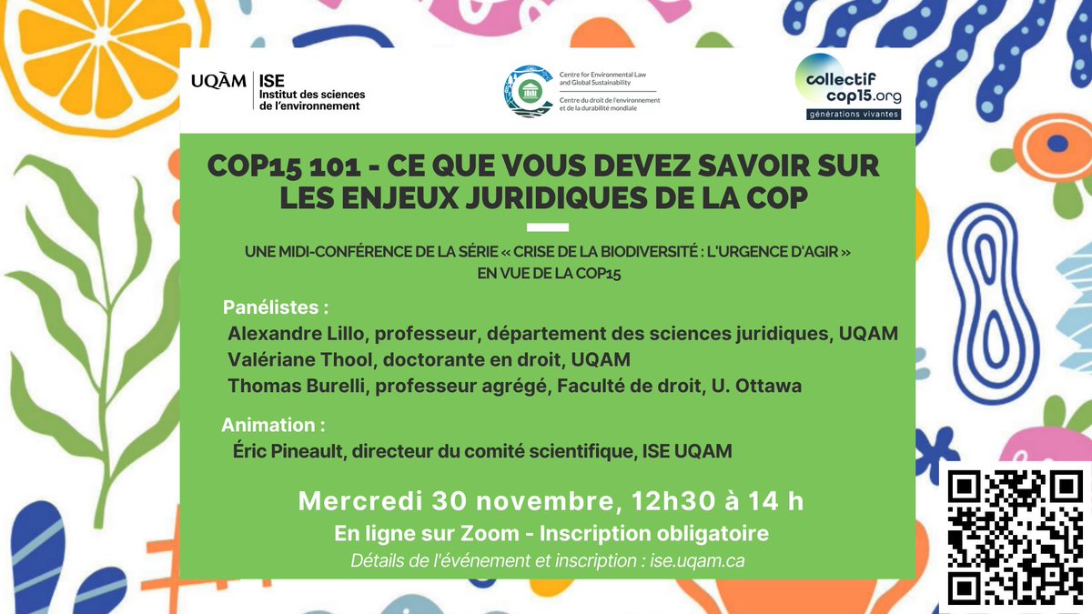 À vos agenda 🚨 Le 30 novembre, à l'approche de la #COP15 sur la diversité biologique, j'aurai le plaisir de participer à un panel de vulgarisation sur les enjeux juridiques de cet évènement aux côtés de @valeriane_thool et @Prof_Bubu. Inscriptions ➡️ bit.ly/3EIu6Ta