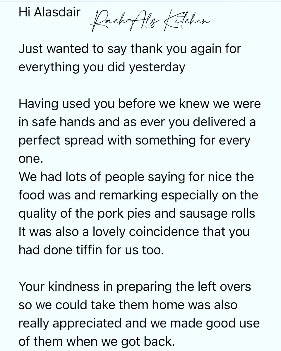 RachAlsKitchen's tweet photo. Another lovely #review #thankyou following the provision of yesterdays #funeraltea #catering …. https://t.co/wemXPPusJJ