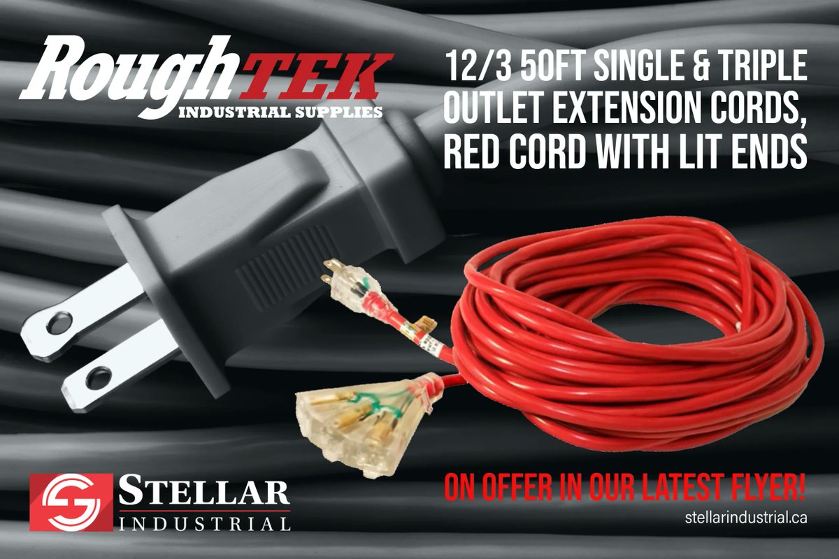 StellarIndSales's tweet image. In stock now, our NEW Roughtek Extension cables.
12/3 50FT single and triple outlet extension cords (red) with lit ends.
Also available in 25 &amp;amp; 100 ft. 
Find this and a whole bunch of great seasonal deals in our new flyer.
stelllarindustrial.ca 
#power #extensioncables