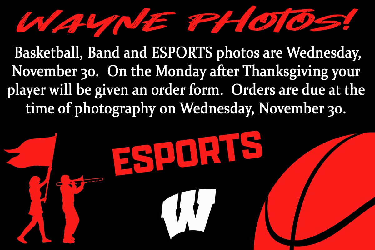 WayneYearbook's tweet photo. @BulldogsWayne Team Photos for Basketball (all teams), Band (both groups), and Esports will be Wednesday, November 30.  Order forms will be sent home on Monday, November 28.  Orders are due on November 30.  #godogs https://t.co/HivByNWS1E
