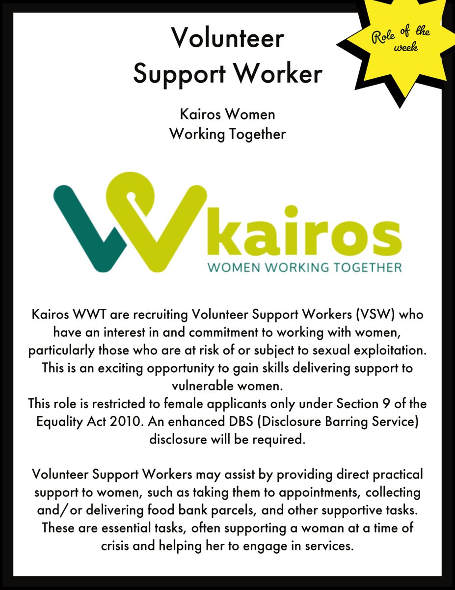 VACoventry's tweet photo. This week's #roleoftheweek goes to Volunteer Support Worker at Kairos Women Working Together 

For more information and how to apply:
https://t.co/cTKRG7FMiI

Visit the Kairos Women Working Together website!:
https://t.co/k0HTQLQEjd https://t.co/SjGSpPqsGO