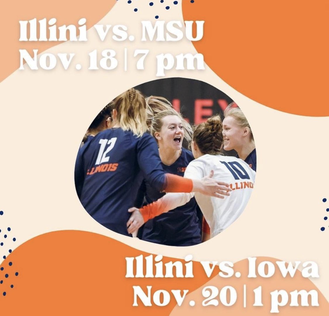 SpikeSquad's tweet photo. Today and Sunday are the last opportunities to see @illinivball at home this season! Come on out before you head home for break!! I-L-L 🔹🔸 https://t.co/0sTettITTT
