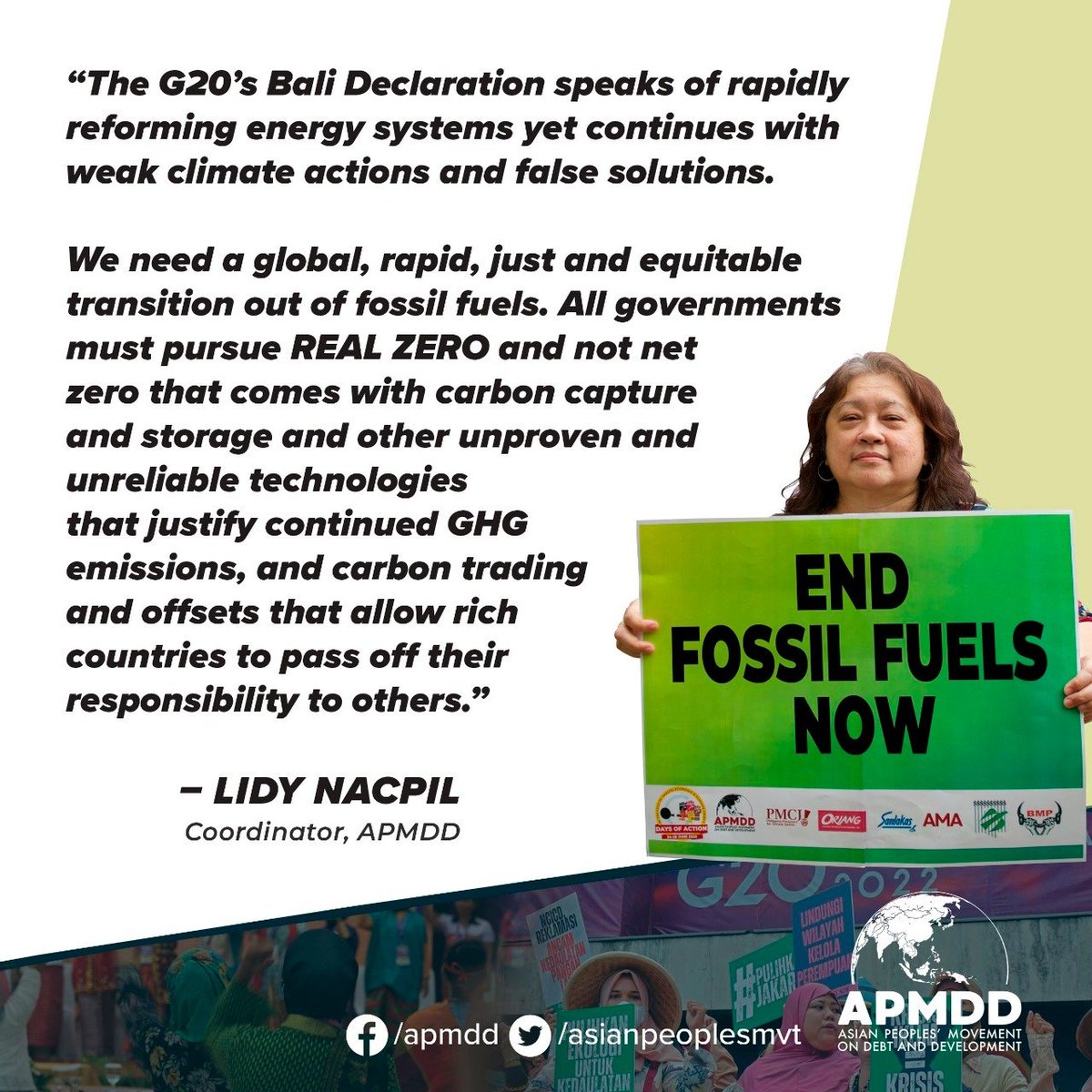 AsianPeoplesMvt's tweet photo. The urgency to scale up & speed up efforts towards decarbonization has already been established but the #G20 continues its laid back & evasive tradition w/ the #G20BaliDeclaration.
Rapid & #JustTransition #NotoFossilGasAsTransitionFuel #NotoFalseSolutions #RealZeroNotNetZero https://t.co/KEMlwQfZom