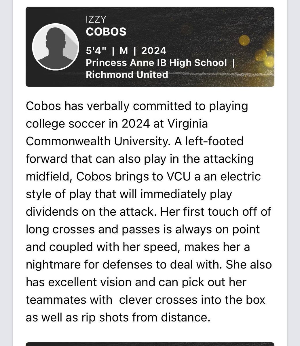 IsabellaCobos1's tweet photo. Thanks for the great write up about my commitment @PrepSoccer! @richmondunited @ECNLgirls @ImCollegeSoccer https://t.co/lmwP4K7eaM