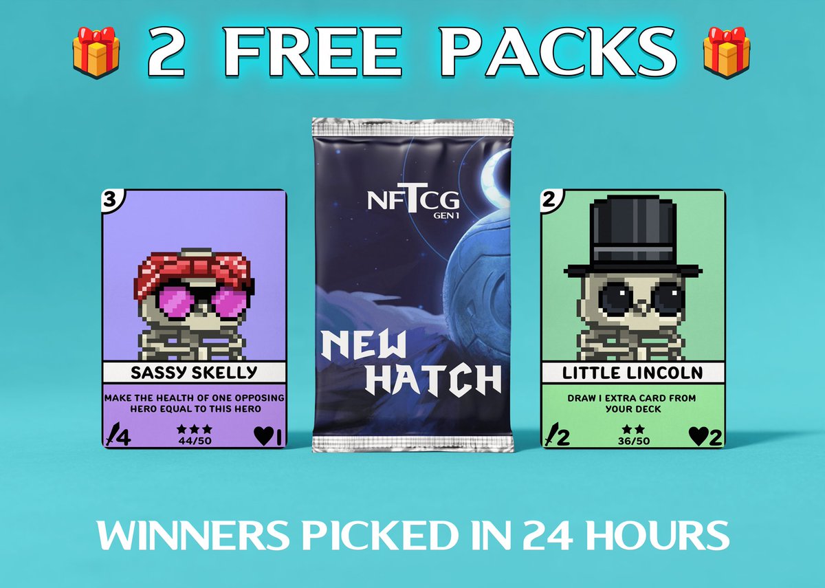 🎁 2 FREE NFTCG BOOSTER PACKS 🎁

With the release of NFTCG Generation 1 “New Hatch” in 1 DAY, we’re giving away 2 more Booster Packs!

To Enter:
1️⃣ Like Post
2️⃣ Retweet Post
3️⃣ Comment your favorite card name (bit.ly/nftcg)

🏆 2 Winners selected in 24 HOURS!!