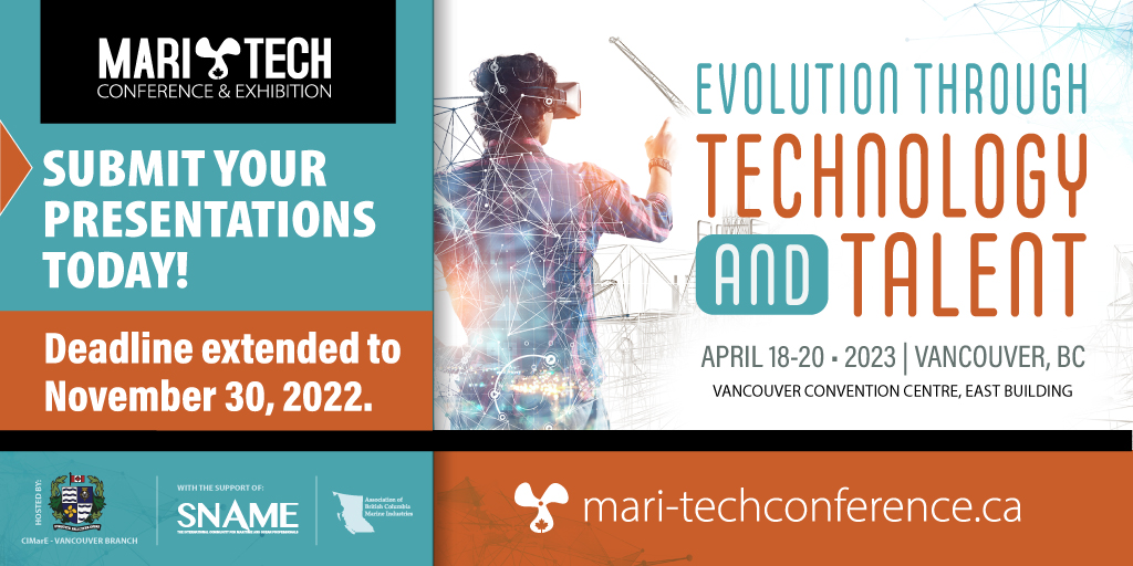 Deadline extended to November 30, 2022!

Members of the global marine engineering community are invited to contribute technical papers for presentation at Mari-Tech 2023. 

Submissions accepted at the link below:
mari-techconference.ca/cfp/on-line-ab…

#MariTechConf
#MT2023