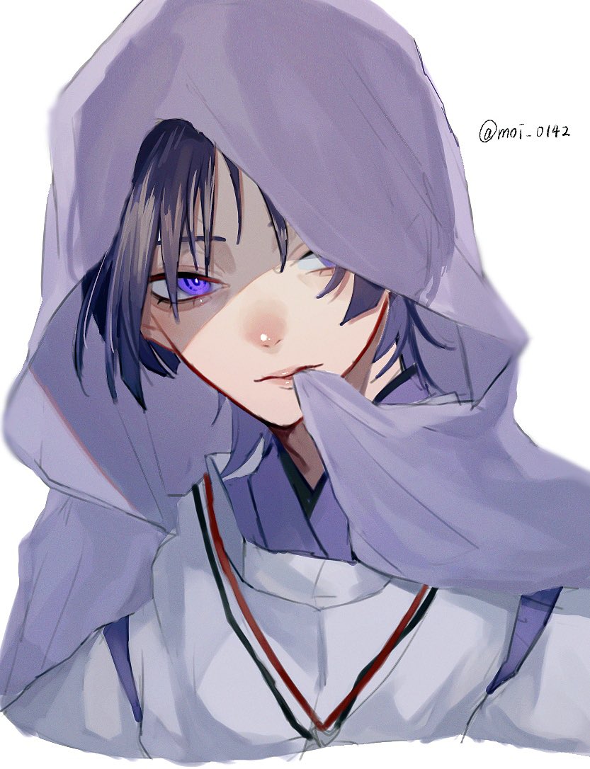 scaramouche (genshin impact) 1boy male focus solo purple eyes white background purple shirt veil  illustration images