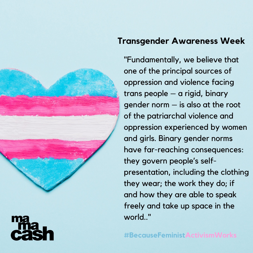 'Fundamentally, we believe that one of the principal sources of oppression and violence facing trans people – a rigid, binary gender norm – is also at the root of the patriarchal violence and oppression experienced by women and girls. #TransAwarenessMonth #FeministActivismWorks