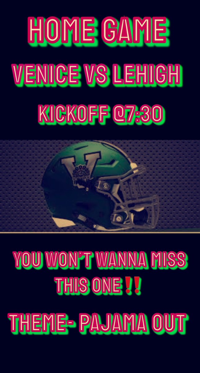 ⭐️HOME GAME⭐️
‼️TONIGHT AT 7:30‼️
💥VENICE VS LEHIGH💥
💚Come show some support tonight the Indians need you!!!💚
💯YOU DONT WANNA MISS THIS GAME💯
⚠️THEME-PAJAMA OUT⚠️
<a href="/VJPortell/">Vinnie Portell</a> <a href="/john_p34/">John Peacock</a> <a href="/CityofVeniceFL/">City of Venice, FL</a> <a href="/VeniceCheer/">VHSCHEER</a> <a href="/VHSIndianSports/">Venice HS Athletics</a> <a href="/VeniceGondolier/">Venice Gondolier</a>