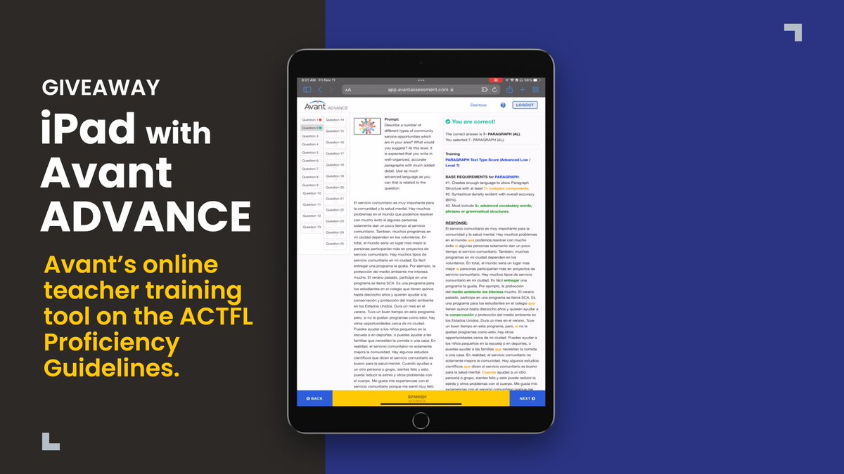 AvantAssessment's tweet photo. #Play4Proficiency to earn entries to the grand prize... an iPad with an Avant ADVANCE license! ADVANCE is our teacher-training tool on the #ACTFL Proficiency Guidelines. Share posts on social media with #Play4Proficiency for extra entries! https://t.co/bQQkDOHlnH