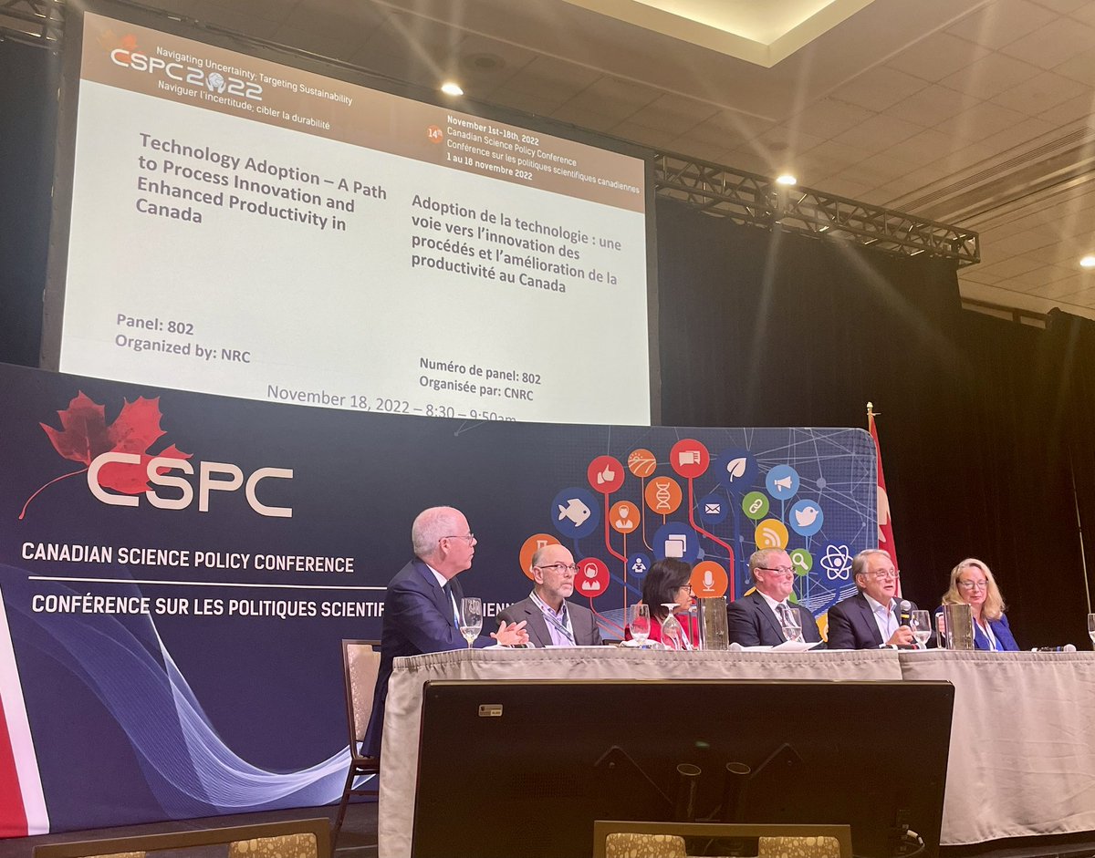 Panel on technology adoption to drive innovation and enhance productivity - “The pandemic taught us we must not wait for crisis to organize ourselves” from <a href="/NRC_CNRC/">NRC Canada</a> VP Lakshmi Krishnan 

#CSPC2022 #cdninnovation #sciencepolicy
