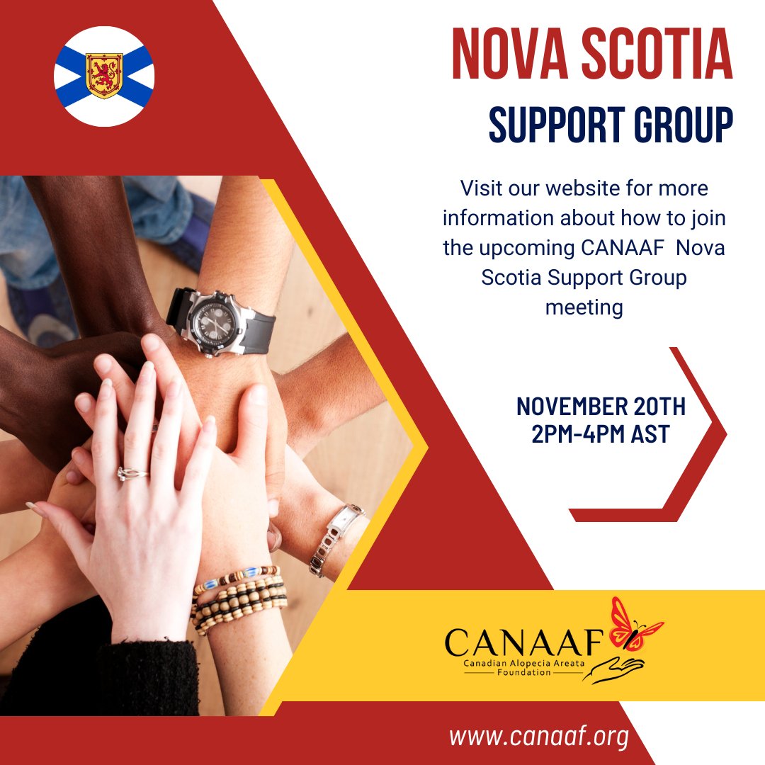 CANAAF's tweet image. Join the Halifax support group session on November 20th from 2pm-4pm AST. The event provides families dealing with Alopecia an opportunity to share experiences about dealing with the disease. 

Learn more about the Halifax support group session at canaaf.org/support-groups/
