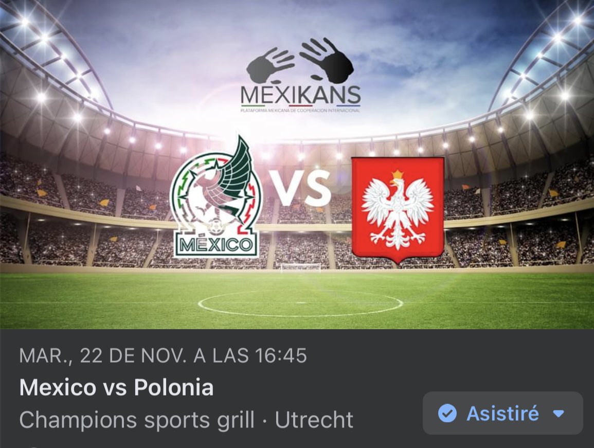 Mexikans's tweet photo. MexiKan invita a la comunidad mexicana en general a disfrutar del primer partido de la selección mexicana de fútbol en la copa del mundo de Qatar 2022.

¿Cuándo?
Martes 22 de noviembre a las 16:30 hrs

¿Dónde?
Champions Sports &amp; Grill Utrecht
Oudegracht 261
3511 NM Utrecht https://t.co/jWIVBf6LHa