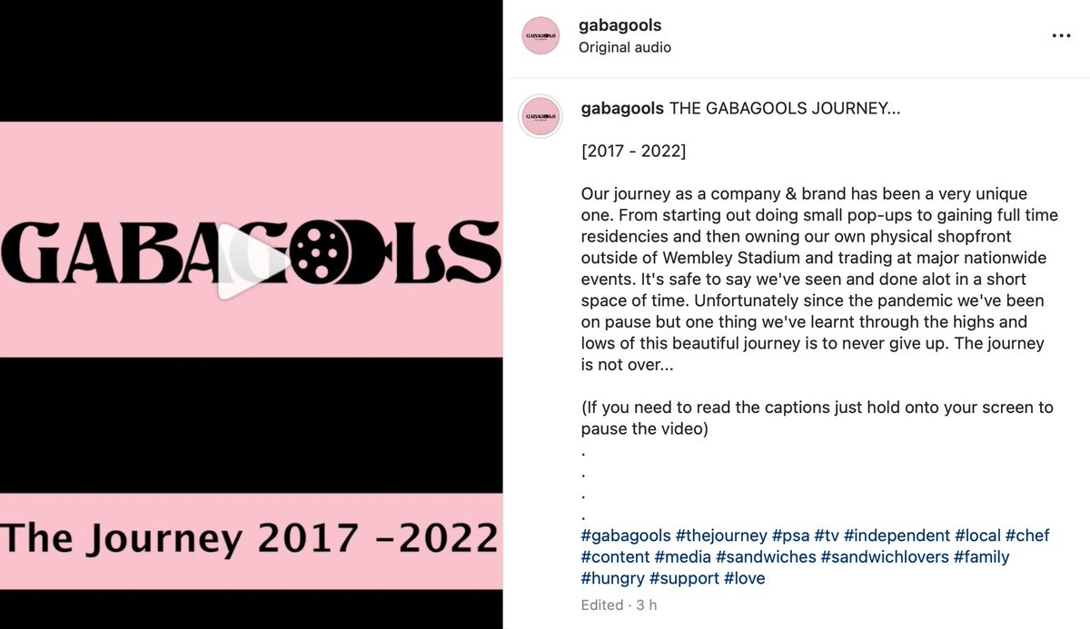 THE GABAGOOLS JOURNEY...

Click the link to check out a video of our journey.

[2017 - 2022]
.⁣
.⁣
.⁣
.⁣
#gabagools #thejourney #psa #tv #independent #local #chef #content #media #sandwiches #sandwichlovers #family #hungry #support #love

instagram.com/reel/ClGari_Dg…