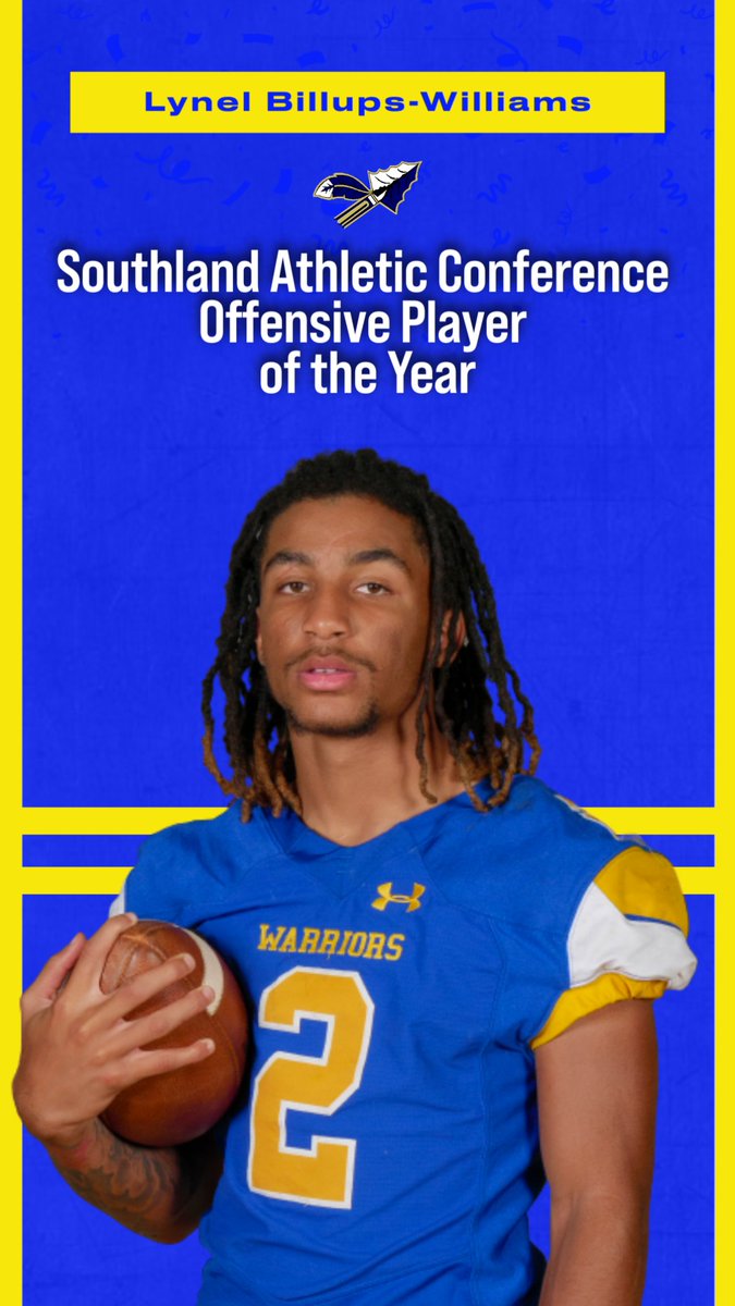 The postseason awards continue to stack up for @BillupsLynel! Congratulations on winning the Southland Offensive Player of the Year Award! #GoWarriors @CreteMoneeFB