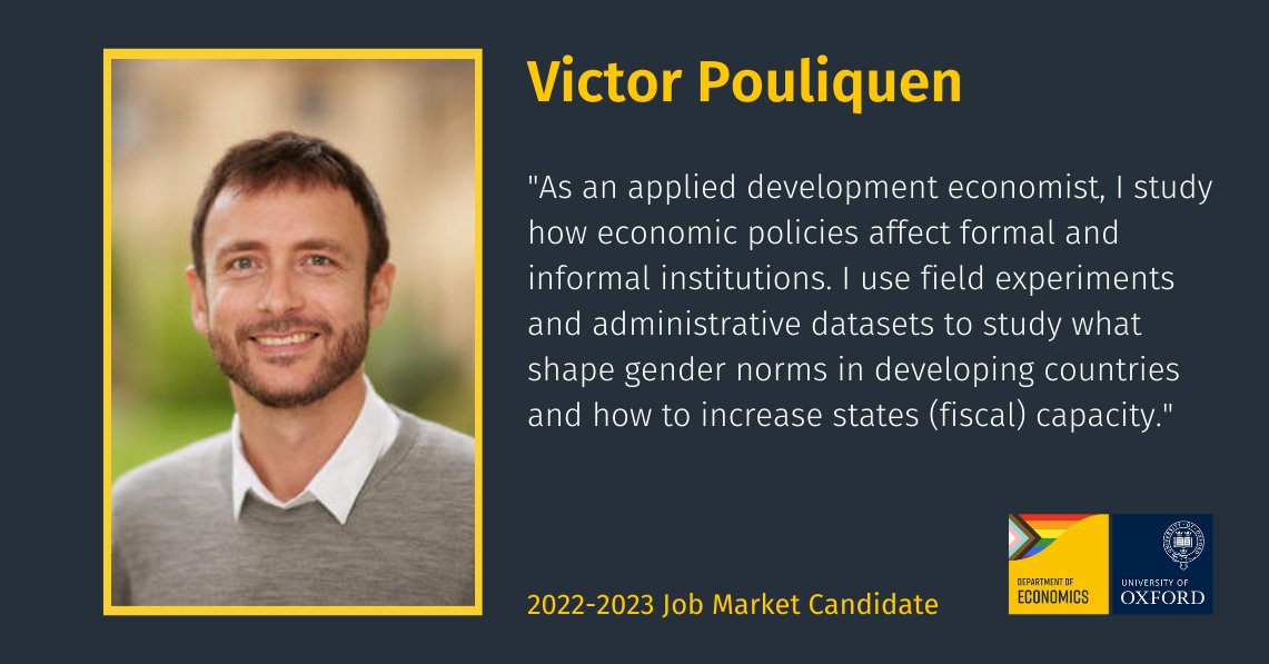 Meet our #EconJobMarket 2022-23 Candidates!

Victor is an applied development economist who studies how economic policies affect formal and informal institutions. Learn more about Victor and meet all our job market candidates: economics.ox.ac.uk/job-market-can…