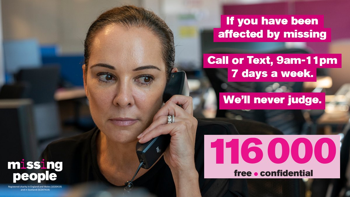 missingpeople's tweet photo. Our Helpline offers free, confidential support for anyone affected by missing.

Our team is available from 9am-11pm, 7 days a week. Call or Text 116 000. https://t.co/THxBjzIkFd