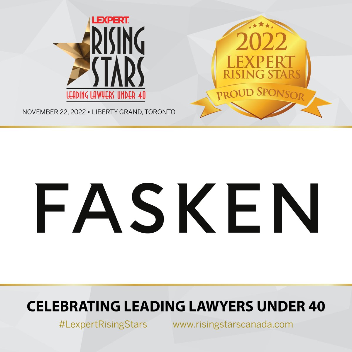 The 2022 Lexpert Rising Star Awards is proudly supported by @FaskenLaw.

The red carpet rolls on November 22, 2022, at Liberty Grand, Toronto!

Learn more: hubs.ly/Q01sGvNn0
#LexpertRisingStars #LawyersCanada #CanadianLegal #LawyersofLinkedin #LawAwards #RisingStars