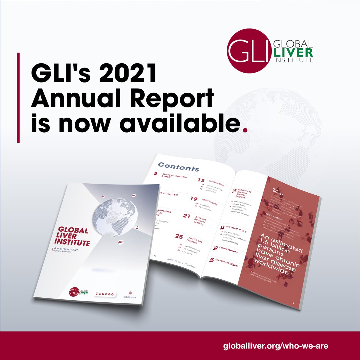 📣 Our 2021 Annual Report is now available! 📖 Explore the worldwide impact GLI made last year in this detailed summary of our engagements, initiatives, and achievements. 🗺️ 💻 View the report and learn more: tinyurl.com/3mmnumuj #liver #liverhealth #patientadvocacy