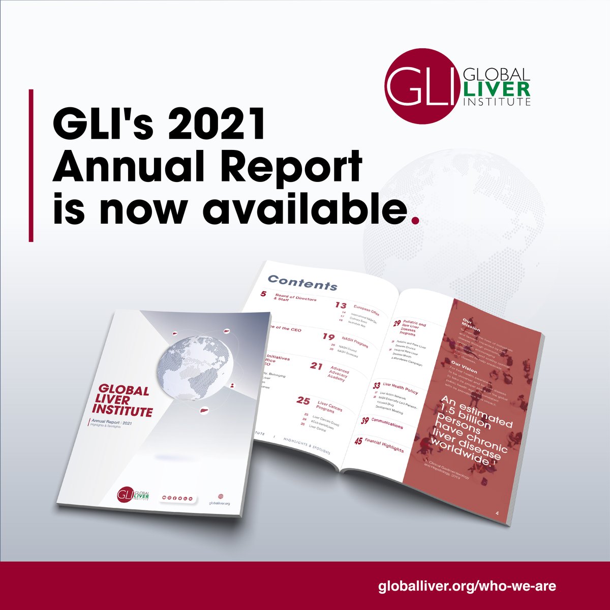 📣 Our 2021 Annual Report is now available! 📖

Explore the worldwide impact GLI made last year in this detailed summary of our engagements, initiatives, and achievements. 🗺️

💻 View the report and learn more: tinyurl.com/3mmnumuj 

#liver #liverhealth #patientadvocacy