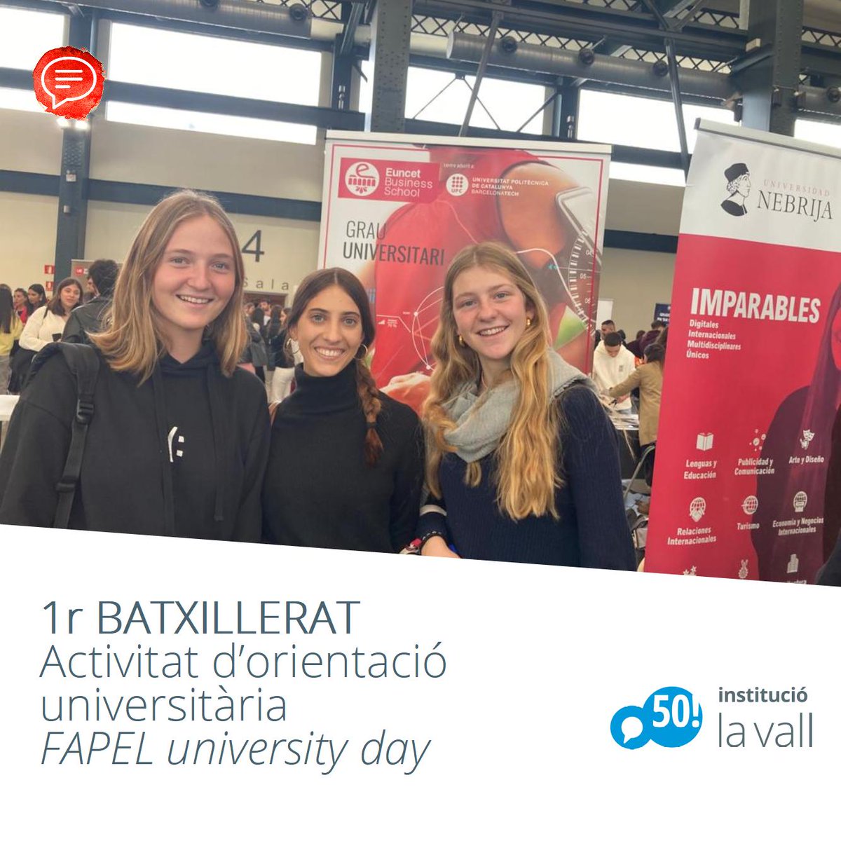 Aquest matí, les alumnes de 1r de Batxillerat han assistit a l'#UniversityDay , un event organitzat per #FAPEL. Es tracta d'una jornada d'orientació universitària que pretén informar els alumnes dels possibles plans d'estudis i sortides professionals.

<a href="/Fapel_Cat/">Fapel</a>