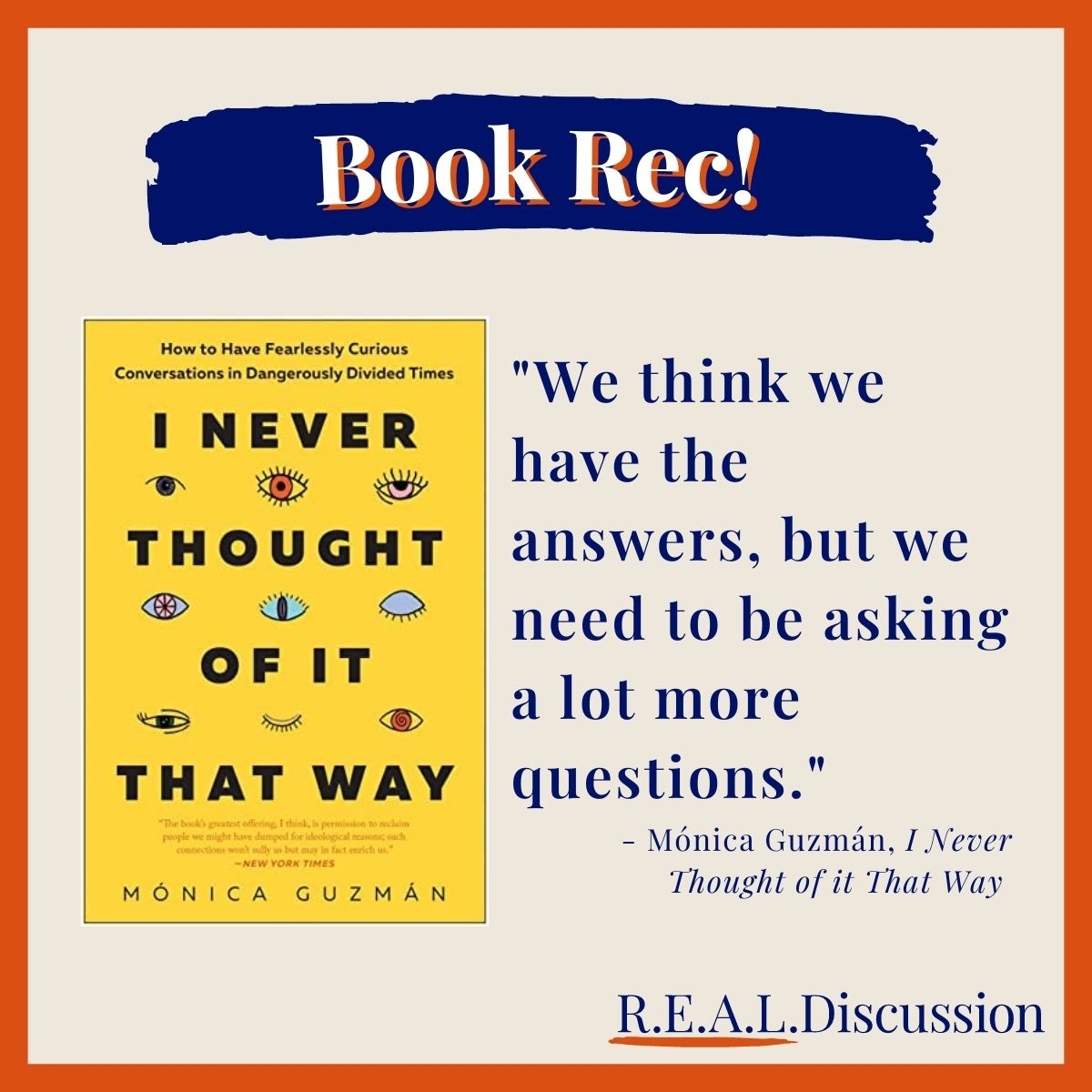 DiscussionReal's tweet photo. This month, let's nerd out about a book by @moniguzman that truly inspires curiosity and gives teachers, students, and citizens alike tools to expand their understanding of the world. In the comments, share a bit that made you say "I never thought of it that way!" #REALDiscussion https://t.co/ECWSoC1CEW