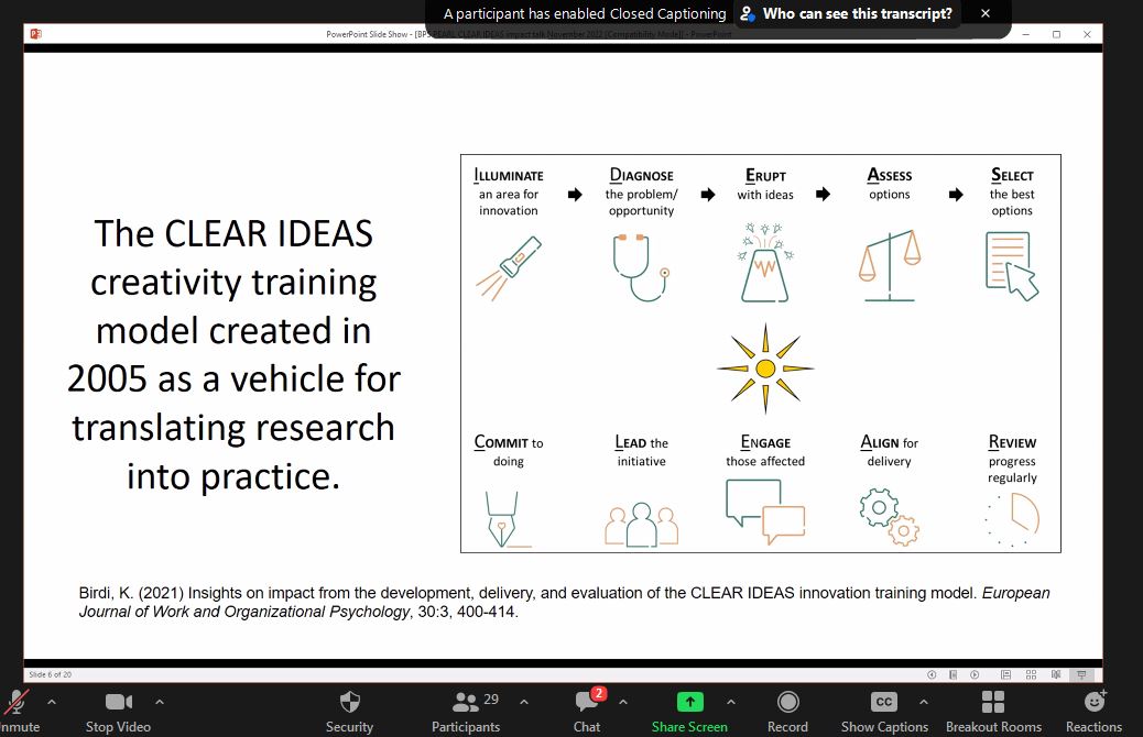 Really inspired by <a href="/Dr_ClearIdeas/">Kamal Birdi</a> speaking about the CLEAR IDEAS creativity training and developing impact from research in Occupational Psychology. Thanks for the useful/practical suggestions on how academics/practitioners can more successfully engage with organisations. 2/4