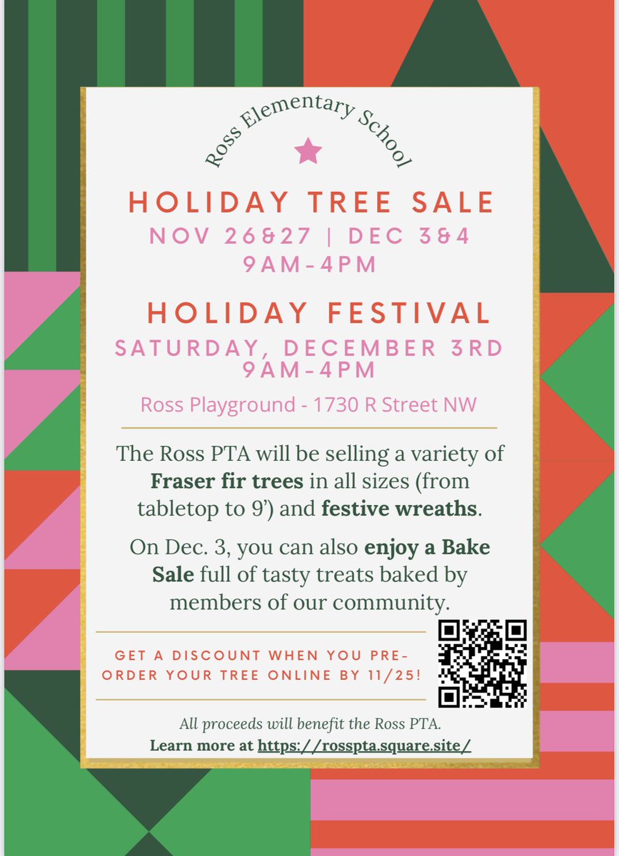 It's that time of year—support your local school by pre-ordering your holiday tree or wreath! Purchase by November 25 for a discount: rosspta.square.site
Pick up at Ross Elementary or delivery is available for a small fee. Thank you for your support!