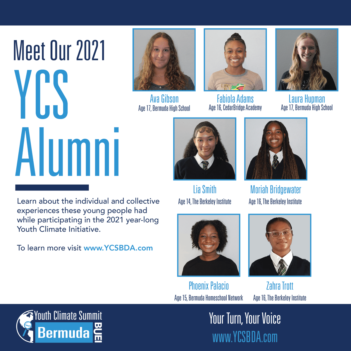 YCS_bda's tweet photo. Meet our 2021 Youth Climate Alumni.
#ycsbda
@neubergerberman @KPMGinBermuda @Bermuda @BELCOBERMUDA @ABIR_Bermuda @MarshGlobal @greenrockorg @BIOSstation @TheAwardBermuda @BdaNatlTrust @Nonsuch_Bermuda @KBBdotBM @BdaZooSociety @ScarlettOWest @xiuhtezcatl @TeleBermuda https://t.co/jCd58WzlHA