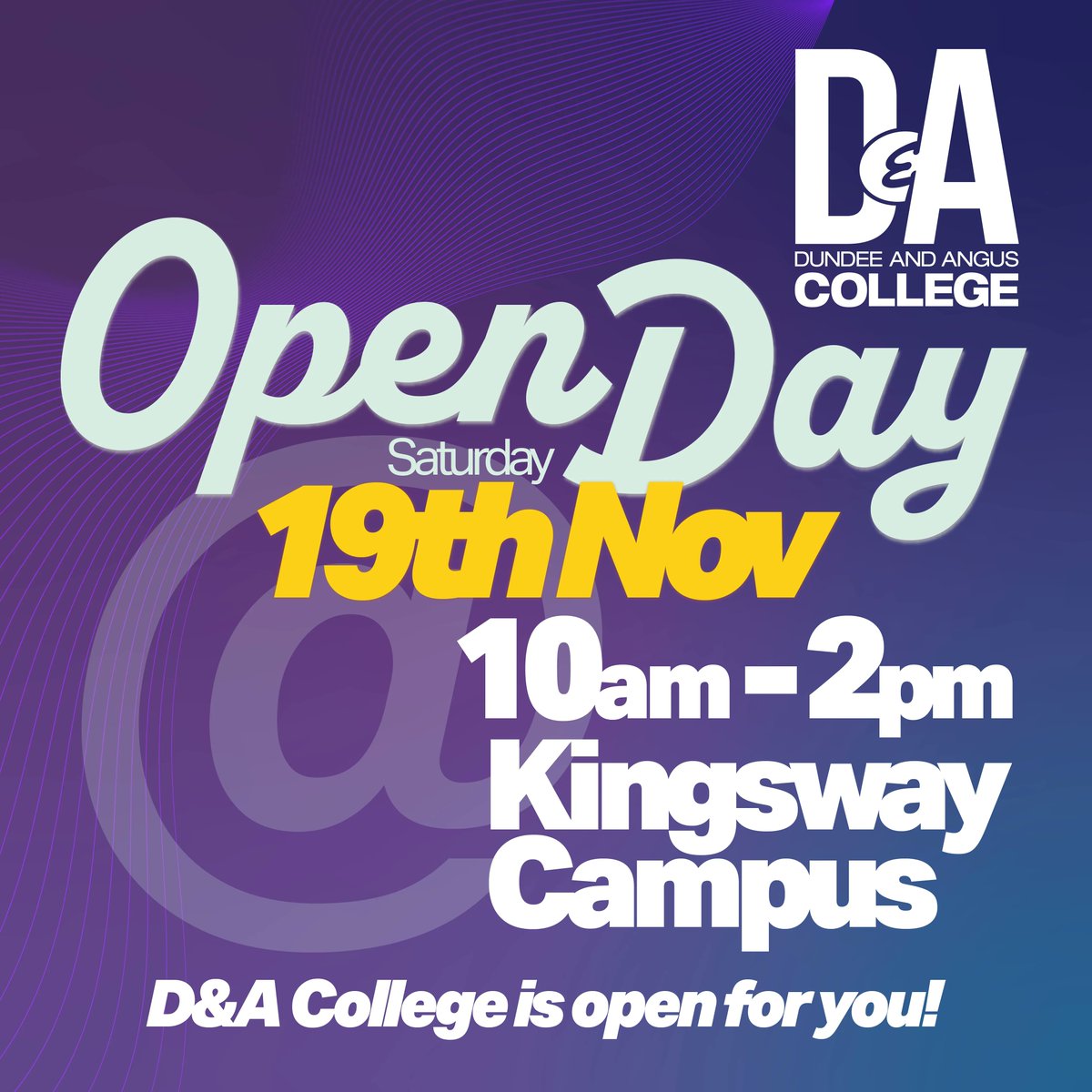 dundee_angus's tweet photo. Don't forget to pop into our Open Day tomorrow at our Kingsway Campus to find out more about what we can offer you!

 📅 Saturday 19th November 
🕒 10am – 2pm
📍 Kingsway Campus, Old Glamis Road, Dundee DD3 8LE  

 #ChooseCollege #ChooseDA #HandsonDA #OpenDay https://t.co/0ZiFQkcmpc