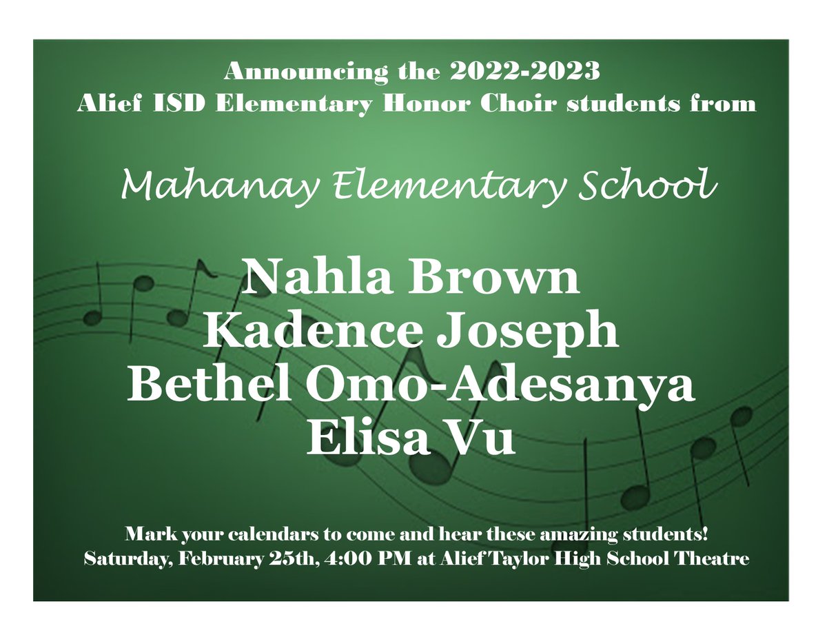 MahanayMusic's tweet photo. WOOOO HOOO!! Congratulations to these 4th graders on being selected to represent @MahanayStars in the Alief ISD Elementary Honor Choir!! We are so proud of them! @aliefFineArts #LetsFly2223 https://t.co/J7ZsBwqYgp
