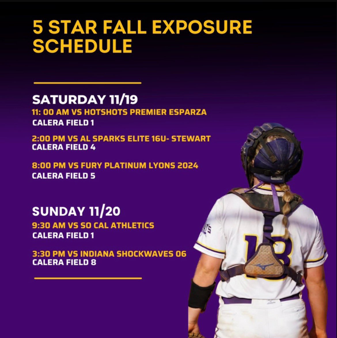 Hope to see you there.

Last weekend we finished in the top 4 in the Stars Over Mississippi. I pitched a total of 14 innings allowing 5 hits with a 1.00 ERA and 16ks. I also hit one home-run and two triples for a total of 7 RBIs. 

Super excited for a great weekend in Birmingham!