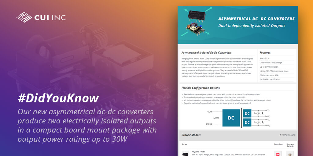 CUIInc's tweet image. #DidYouKnow that #isolating #voltagerails can help protect sensitive circuits from other noisy circuits? Our new asymmetrical #dcdc #converters produce two electrically #isolatedoutputs in a compact #boardmount package. Learn more: bit.ly/39IwvO3