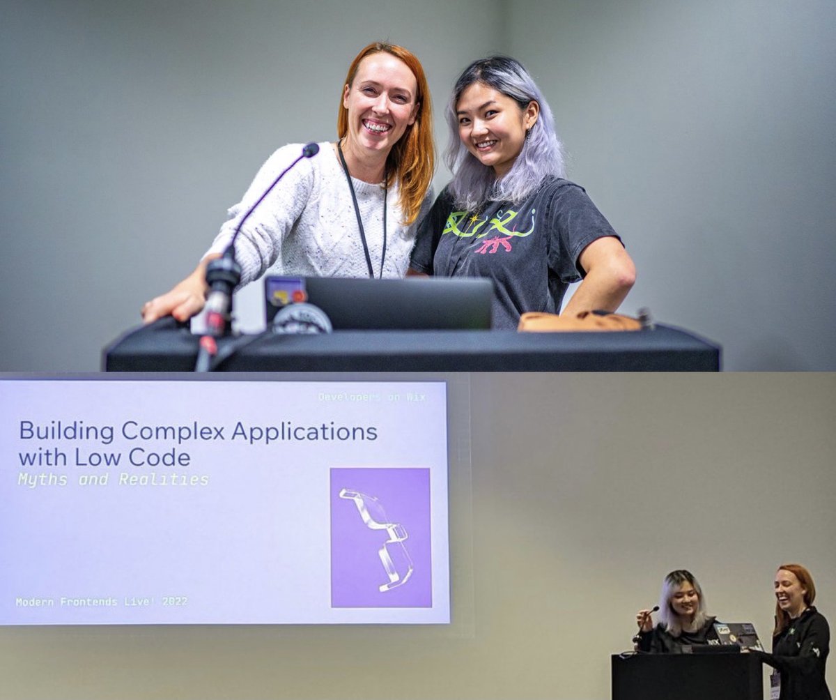 Wix's tweet image. “A ‘code-first’ low code approach means that while time saving tools are a major benefit, the focus is on the dev experience.”
Wix Developer Advocates @hey_amandam and @emmycacao on-stage at @ModernFrontends Live, London.