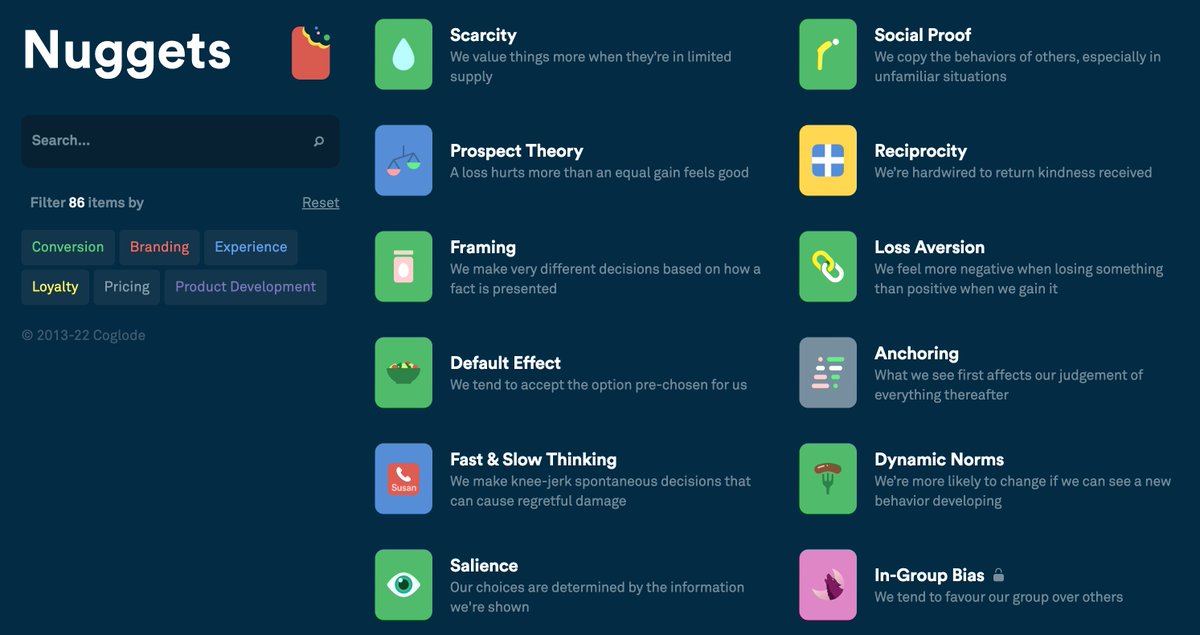 vitalyf's tweet image. 🤯 What a goldmine: The Behavioral Science Cookbook (coglode.com/cookbook), with practical examples, pointers, guidelines and references — searchable and tagged. Via @ribotminimus. #ux #design #psychology #behavioralscience #behavioraldesign