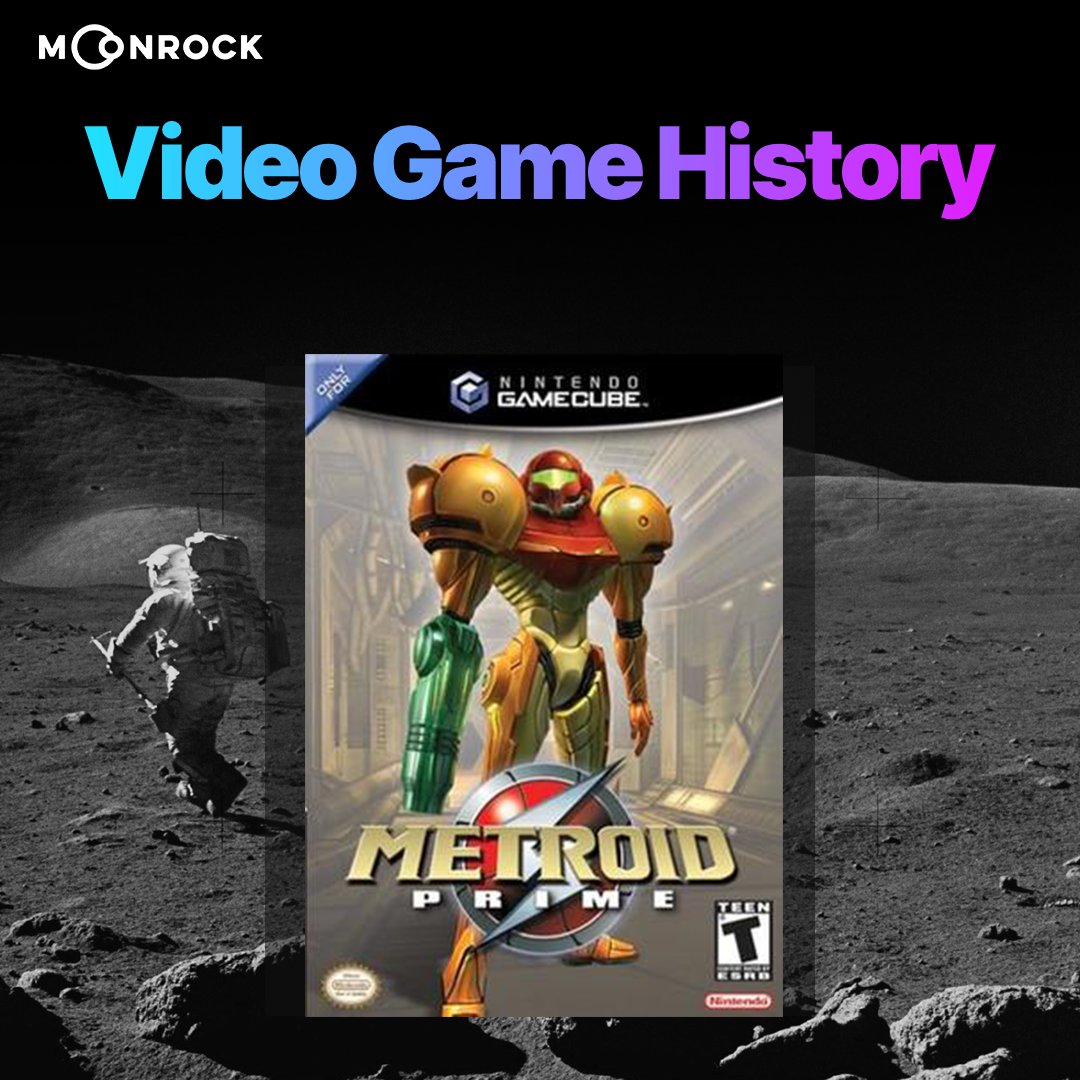 MoonrockAgency's tweet photo. On this day in Video Game History:

Metroid Prime is released on the @Nintendo GameCube.  This was a well received change for the series, switching to first-person perspective. 

What we all wanna know is: Where's our next one, Nintendo?! https://t.co/Do4ZAuT7Ph