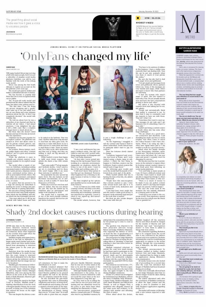 SaturdayStar's tweet photo. #Lifestyle: ‘#OnlyFans changed my life’ says Joburg nude model @ScarlettMooon [also]  #ATYPICALINTERVIEW: @SamNaik01 asks actress and content creator #ZahraDada some offbeat questions #SatStar https://t.co/Y9ts10iecZ
