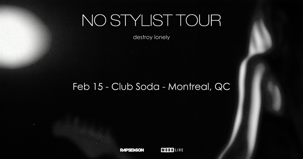 modo_live's tweet photo. ON-SALE NOW: @destroylonely is coming to MTL on Feb 15th 🖤 Get your tix now: https://t.co/LOsXLxnsoZ🔗

#DestroyLonely #NoStylistTour #Rap #Rapper #Rapseason #Concerts #Montreal #MTL #MTLEvents #MTLMusic #MTLConcerts #ClubSodaMTL https://t.co/YoHtcJx8o8