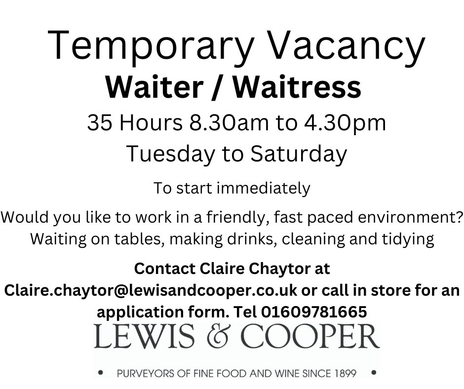 Vacancy in the Tearoom. To start ASAP!