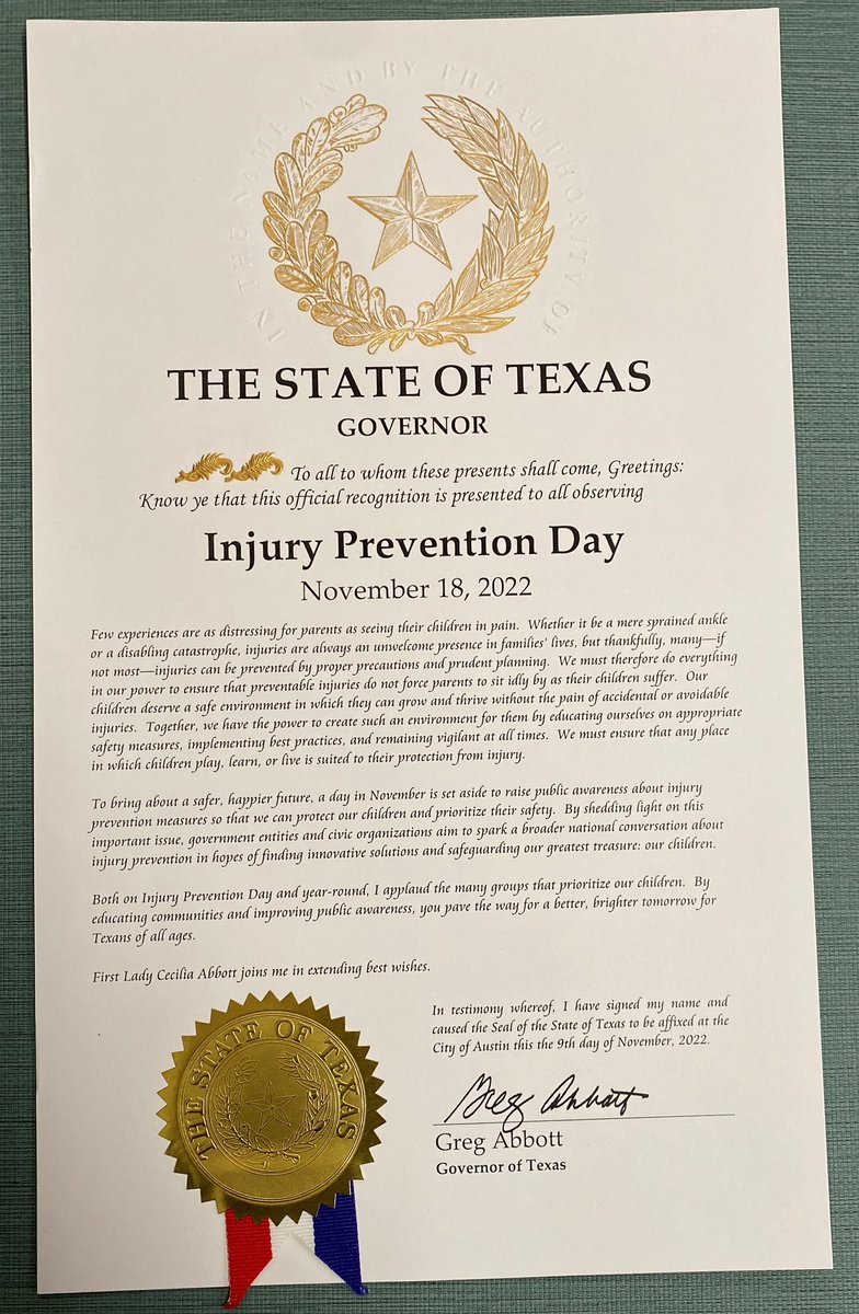 Thanks <a href="/SandyMcKayMD/">Sandy McKay</a> for getting Governor Abbott to recognize the work of injury and violence prevention professionals in Texas! #teamtexas #keeptexassafe