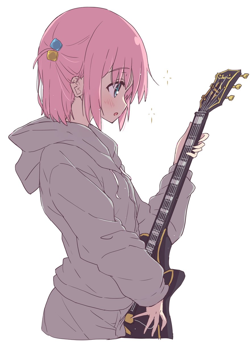 gotou hitori 1girl solo cube hair ornament pink hair instrument guitar hair ornament  illustration images