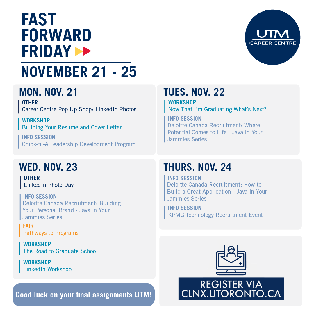 UTMCareerCentre's tweet photo. Happy Friday UTM! Here's an overview of what we have going on at the Career Centre next week 📚 https://t.co/u7kV7cBrvL