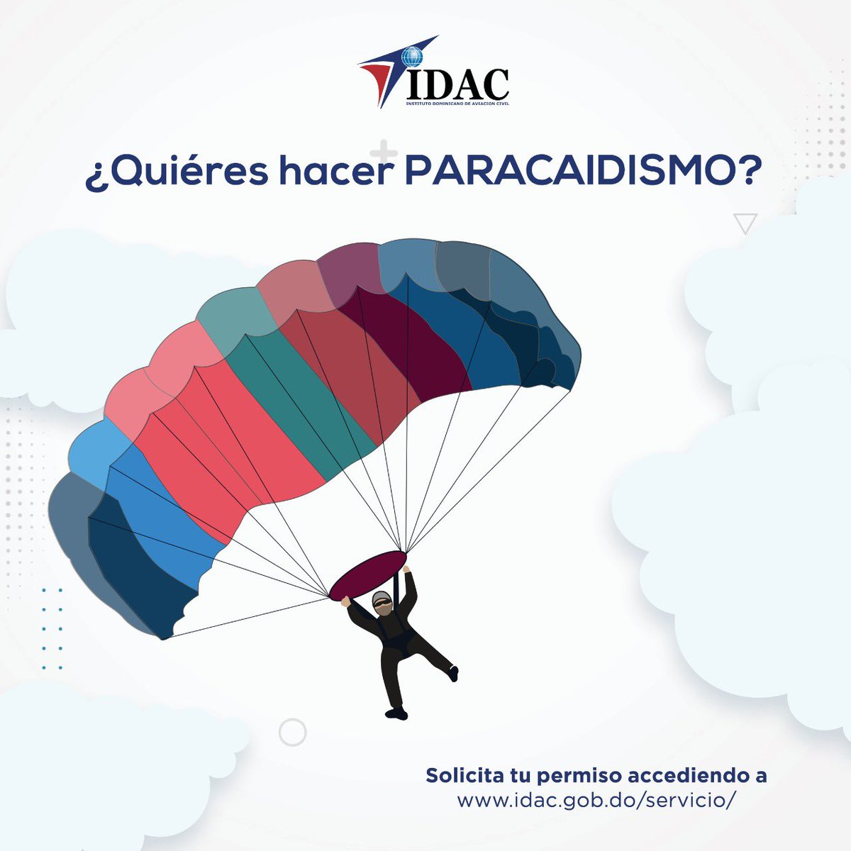 El #Paracaidismo es una técnica de salto desde un avión, globo aerostático, helicóptero o plataforma fija, en el cual se salta o se deja caer desde una gran altura con un artefacto fabricado en tela llamado paracaídas. #IDACRD
