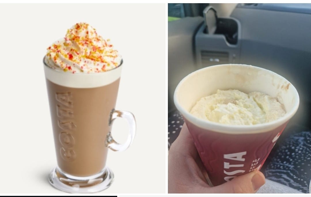 peebles87's tweet photo. @CostaCoffee very disappointed with my drink from @CostaCoffee today in Gloucester!!!! I hardly think this is up to scratch and as it was drive through I didn't see it until too 😡 not a sprinkle in sight and half a cup! https://t.co/yAB9uC5AbB