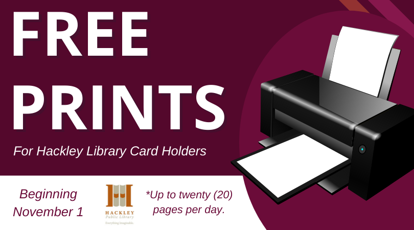hackleyref's tweet image. Available now at Hackley Public Library! 
If you are a Hackley Public Library card holder, you can now print up to 20 pages per day, for FREE.
Stop by HPL to get a library card if you don't already have one - it's free!
Call 231-722-8000 with any questions.