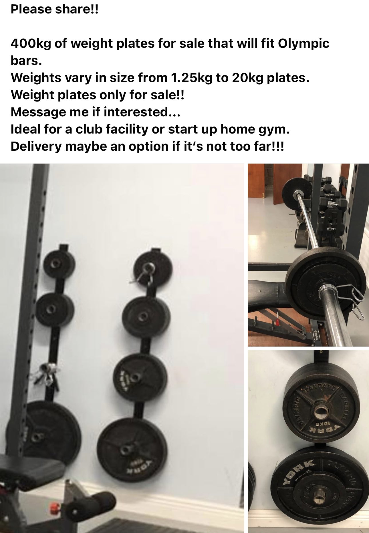 Kilglass Gaels on X 400kg of weight plates for sale that will fit Olympic bars. Weights vary in size from 1.25kg to 20kg plates. Weight plates only for sale Message me if