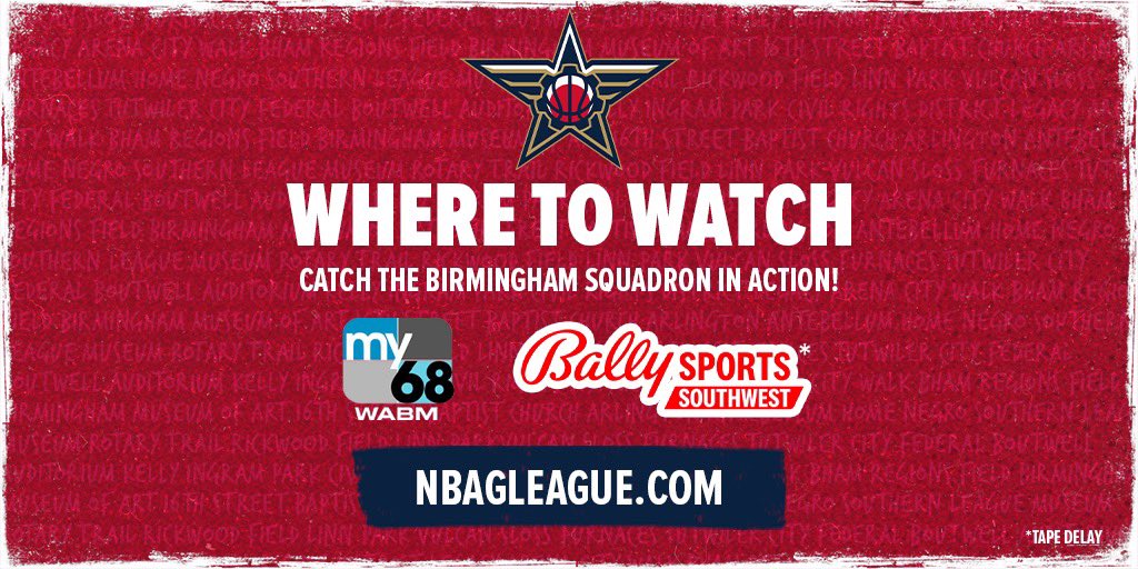 GleagueSquadron's tweet photo. Watch the game tonight locally on @MY68WABM, @BallySportsSW (tape delay) or online on https://t.co/dmxghNff8m as your Squadron take on the @TexasLegends in Frisco, TX
#SquadUp #Squad205 https://t.co/BQhdcXOoMU