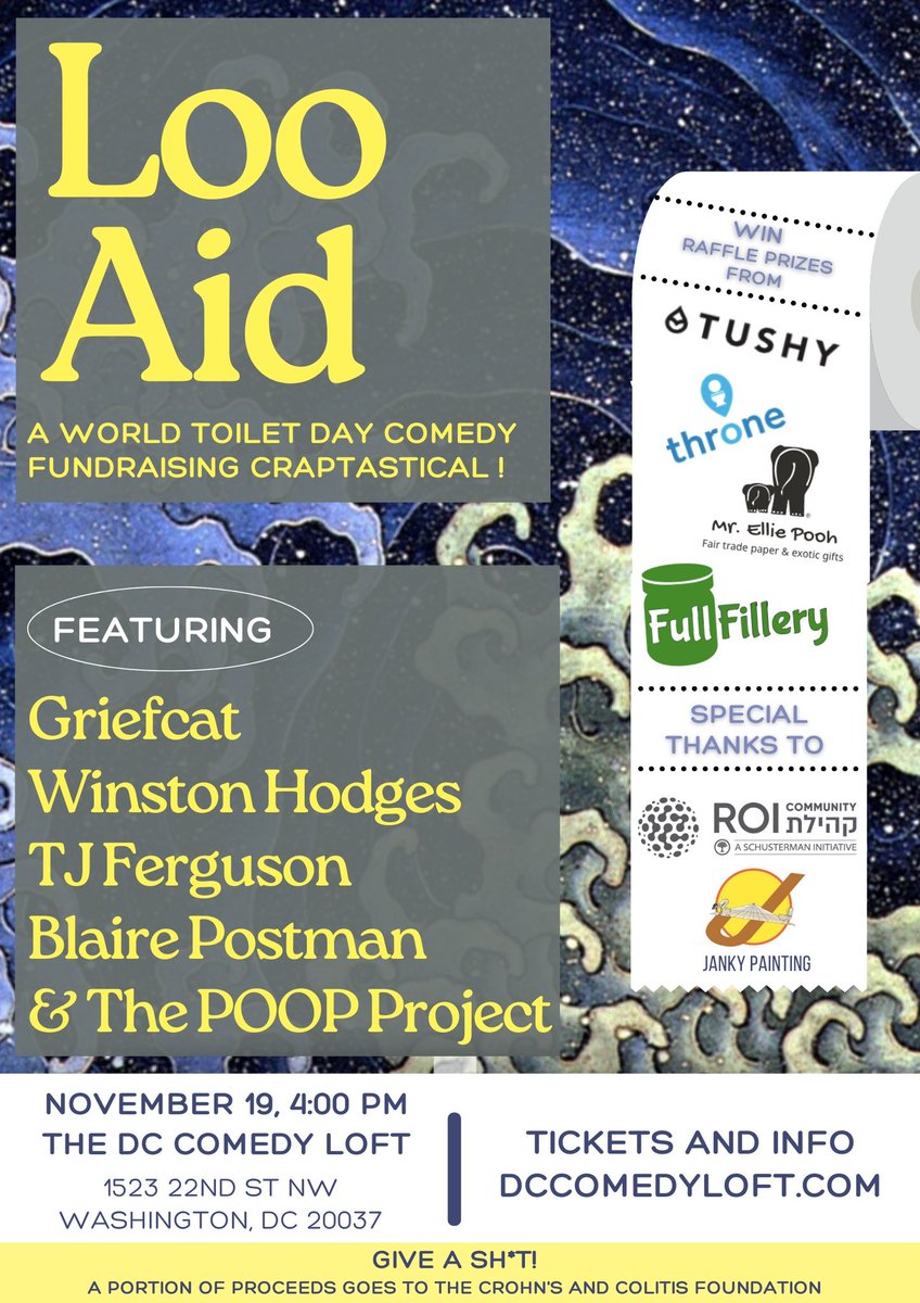 The POOP Project (@poop_project) on Twitter photo Thanks <a href="/newsmatt/">Matt Small</a> for helping us make a splash at tomorrow’s Loo Aid #WorldToiletDay fundraising Craptastical! Tix and more info at dccomedyloft.com/shows/192141 #Comedy from <a href="/winstonhcomedy/">Winston Hodges</a> Griefcat PLUS awesome raffle prizes from <a href="/hellotushy/">TUSHY Bidet</a> <a href="/MrElliePooh/">Mr. Ellie Pooh</a> and much more! Thanks <a href="/newsmatt/">Matt Small</a> for helping us make a splash at tomorrow’s Loo Aid #WorldToiletDay fundraising Craptastical! Tix and more info at dccomedyloft.com/shows/192141 #Comedy from <a href="/winstonhcomedy/">Winston Hodges</a> Griefcat PLUS awesome raffle prizes from <a href="/hellotushy/">TUSHY Bidet</a> <a href="/MrElliePooh/">Mr. Ellie Pooh</a> and much more!
