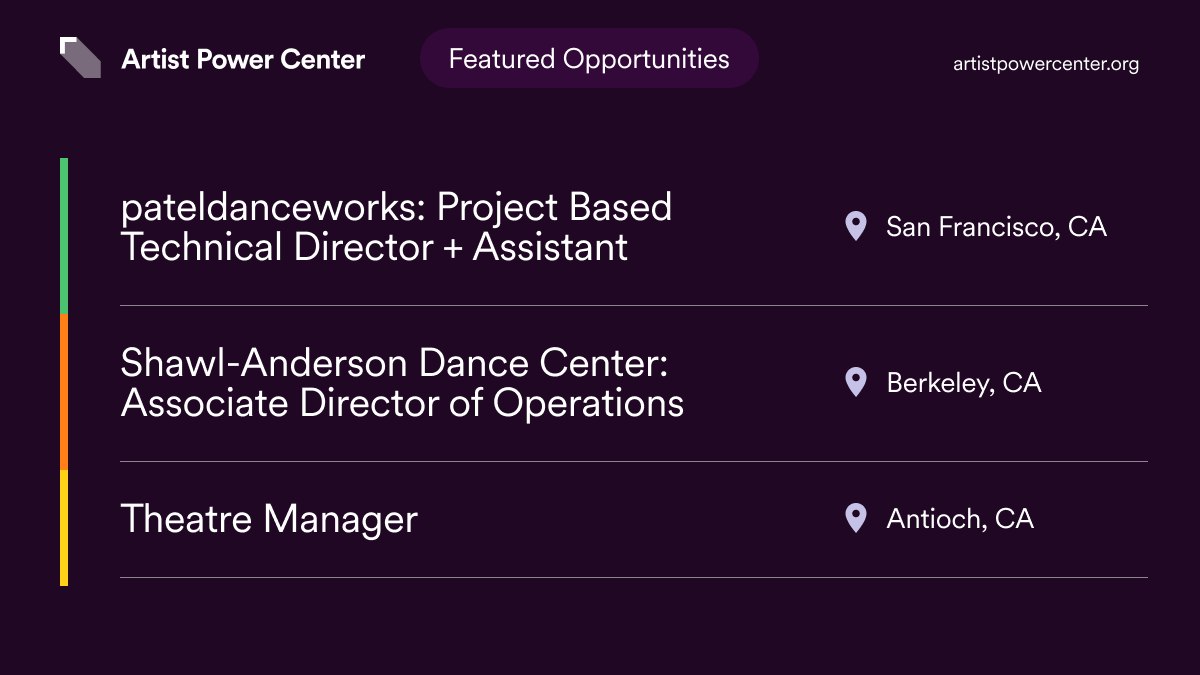 artistpowerybca's tweet photo. A job for you, a job for me. Check out these opportunities from pateldanceworks, @shawlanderson, and El Campanil Theatre! Visit the #ArtistPowerCenter today → https://t.co/tshLv47Tj8 https://t.co/8ODppIDZ2K