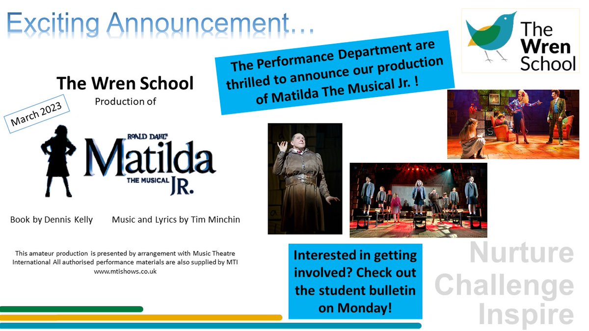 We are thrilled to announce that we will be staging Matilda the Musical Jr. in the spring term! To get involved check out the student bulletin on Monday! Auditions will be on Tuesday 29th November. #musical #performance #wearethewren #matilda #revoltingchildren #whenigrowup